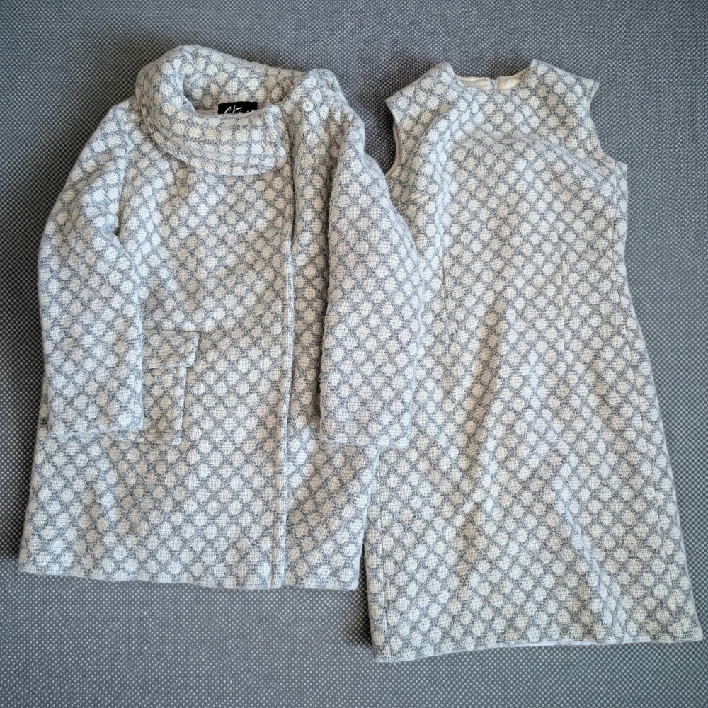 Elegant, Vintage Wool, Light Gray And Beige Patterned Women's Coat and Dress Set